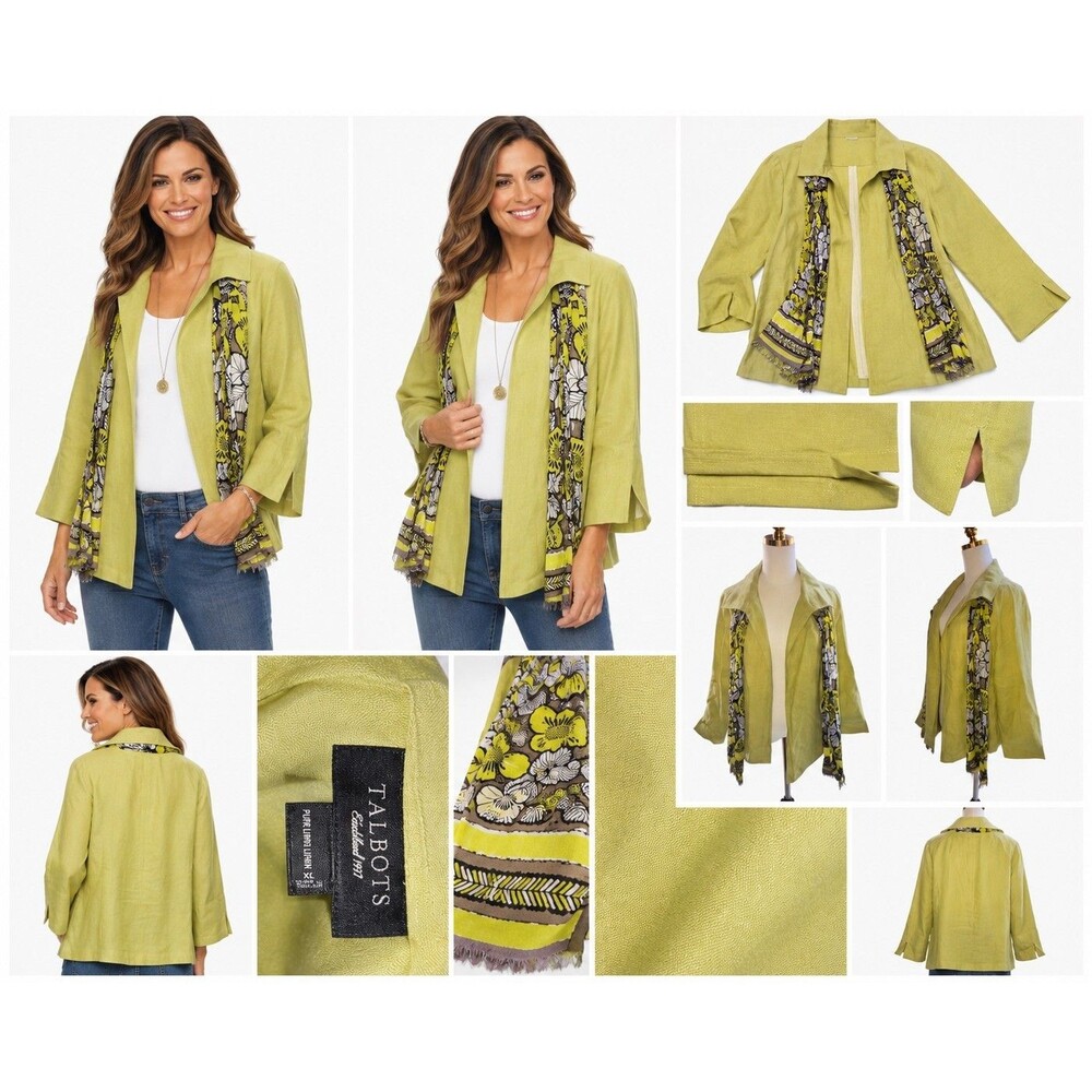 Talbots Womens Irish Linen Blazer Jacket XL w Scarf Mustard Yellow